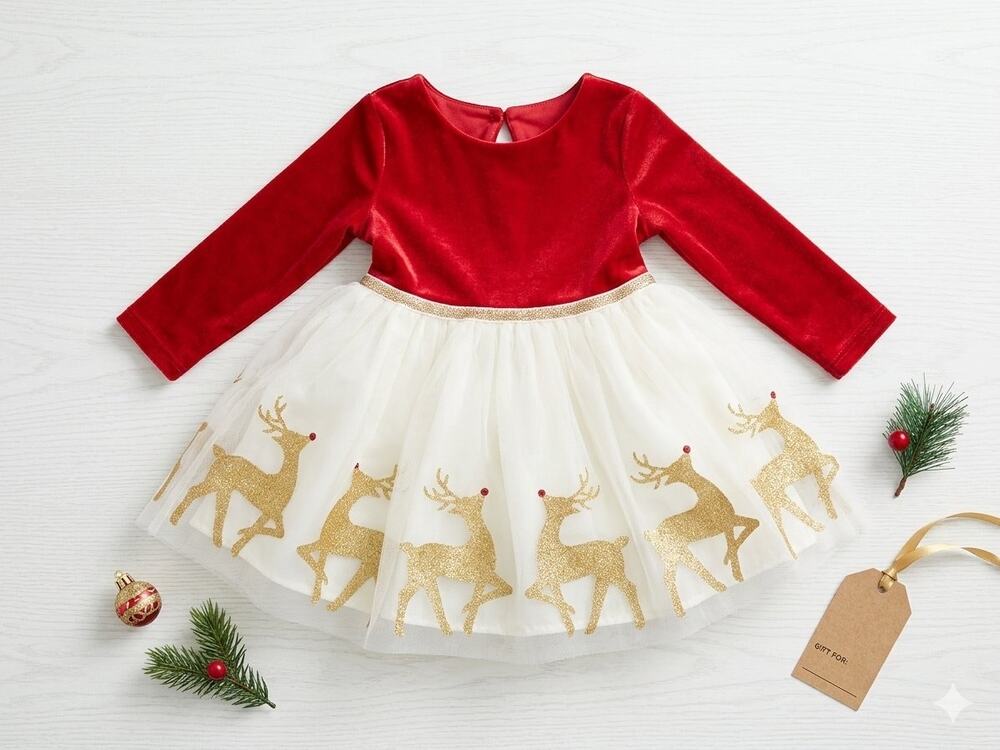 NEW! Lilt Christmas Velvet Reindeer Holiday Long Sleeve Dress Size 12M Red/Ivy